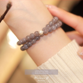 Dvostruko slojevita narukvica od tamno ljubičastog ahata s prirodnim perlama i Hetian jadeom, srebrna pločica – ženski nakit