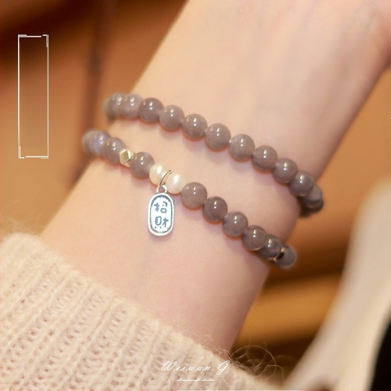 Dvostruko slojevita narukvica od tamno ljubičastog ahata s prirodnim perlama i Hetian jadeom, srebrna pločica – ženski nakit