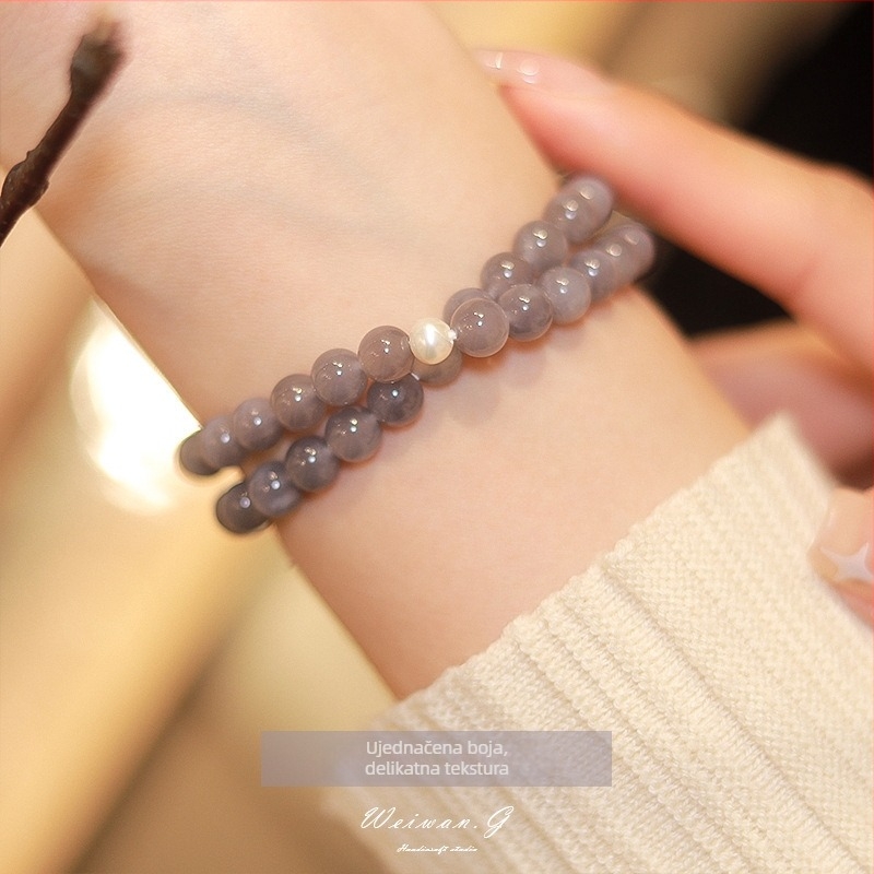 Dvostruko slojevita narukvica od tamno ljubičastog ahata s prirodnim perlama i Hetian jadeom, srebrna pločica – ženski nakit