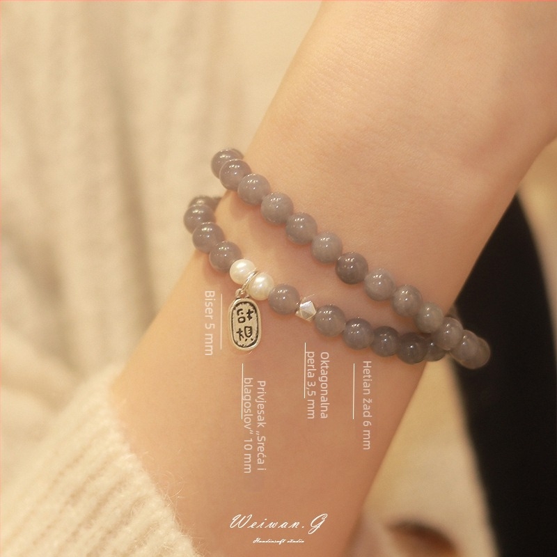 Dvostruko slojevita narukvica od tamno ljubičastog ahata s prirodnim perlama i Hetian jadeom, srebrna pločica – ženski nakit