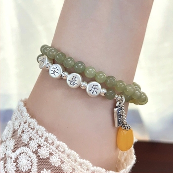 925 srebrna dvostruka narukvica od Hetianskog jadeita i perlice od pčelinjeg voska, za žene, novi kineski stil, visokokvalitetne okrugle perle