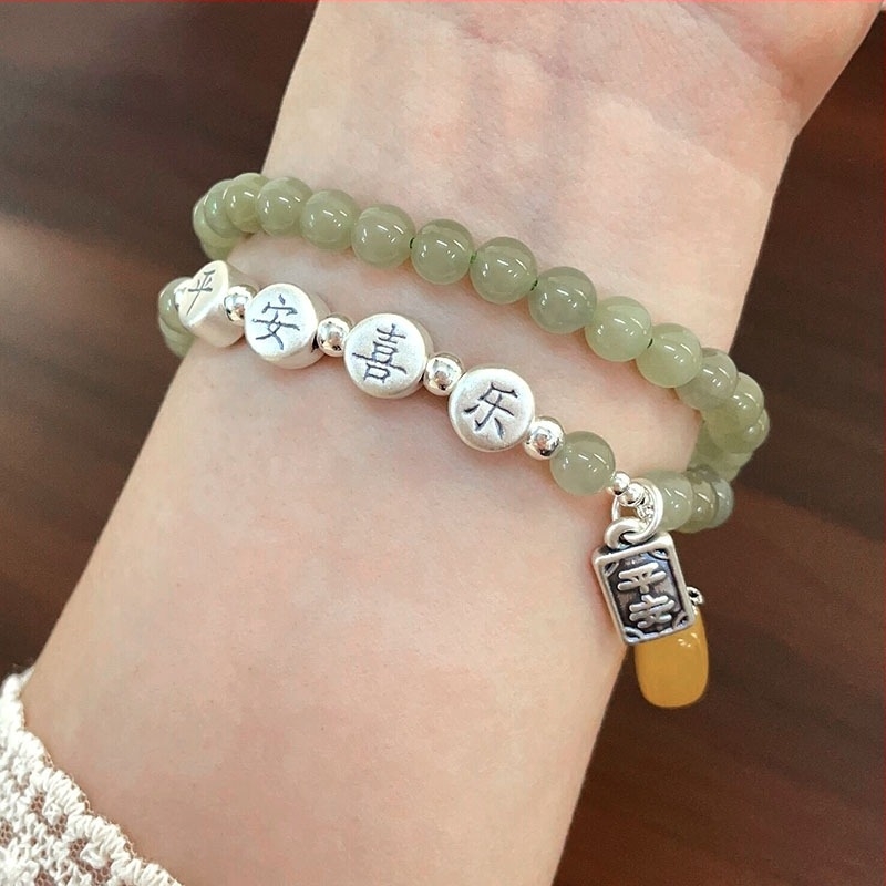 925 srebrna dvostruka narukvica od Hetianskog jadeita i perlice od pčelinjeg voska, za žene, novi kineski stil, visokokvalitetne okrugle perle