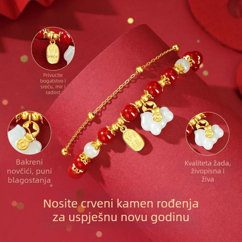 Cinnabar narukvica za žene, Godina Koňa, čisto srebro Hetian jade, Zodijak nakit, novogodišnji dar djevojci