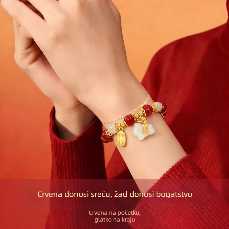 Cinnabar narukvica za žene, Godina Koňa, čisto srebro Hetian jade, Zodijak nakit, novogodišnji dar djevojci