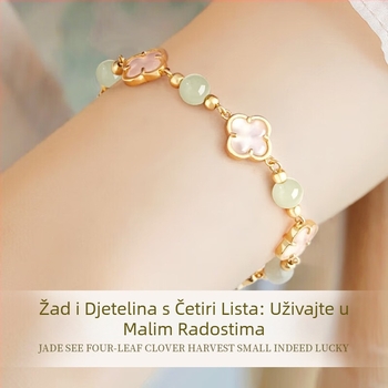 Narukvica od srebra S925 za žene, četverolistna djetelina, elegantan vintage stil s Hetian Jade perlama