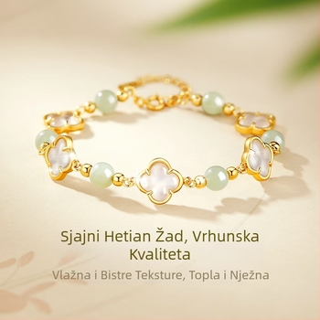 Narukvica od srebra S925 za žene, četverolistna djetelina, elegantan vintage stil s Hetian Jade perlama