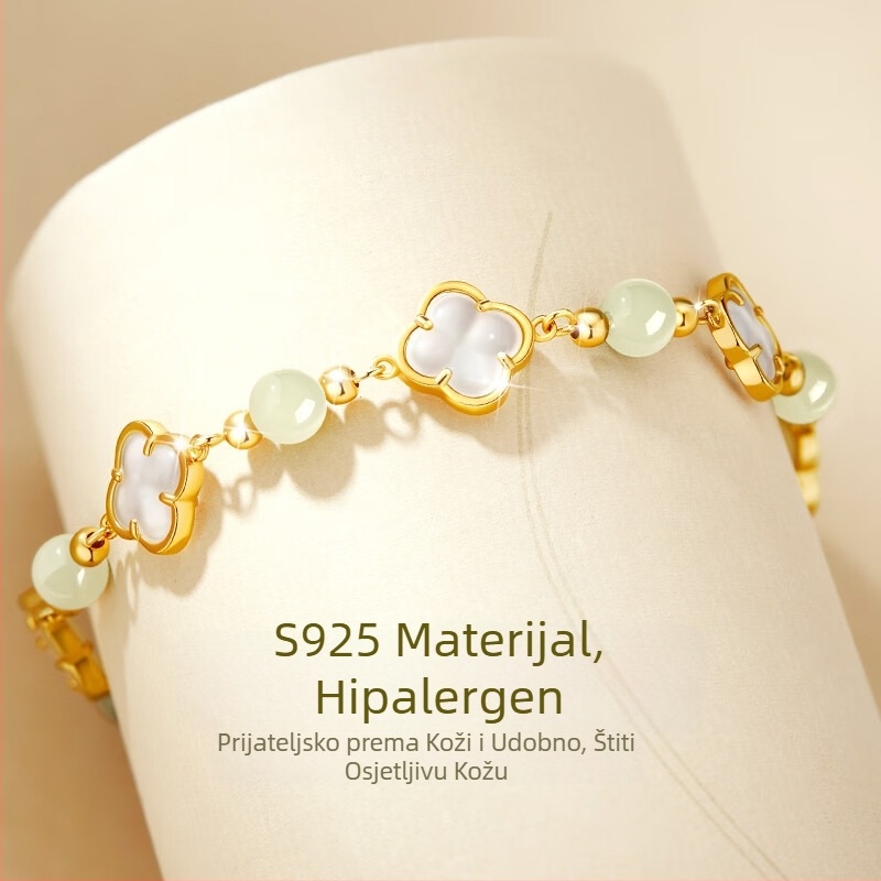 Narukvica od srebra S925 za žene, četverolistna djetelina, elegantan vintage stil s Hetian Jade perlama