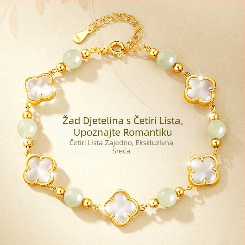 Narukvica od srebra S925 za žene, četverolistna djetelina, elegantan vintage stil s Hetian Jade perlama