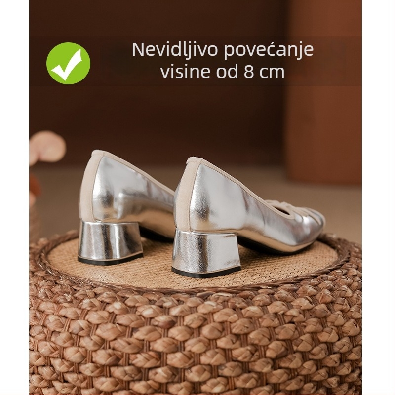 Ženske Mary Jane cipele, ljeto, srebrne, PU gornji dio, mekana potplat, debeli pet, unutarnje povećanje visine, četvrtasti vrh, niski otvor