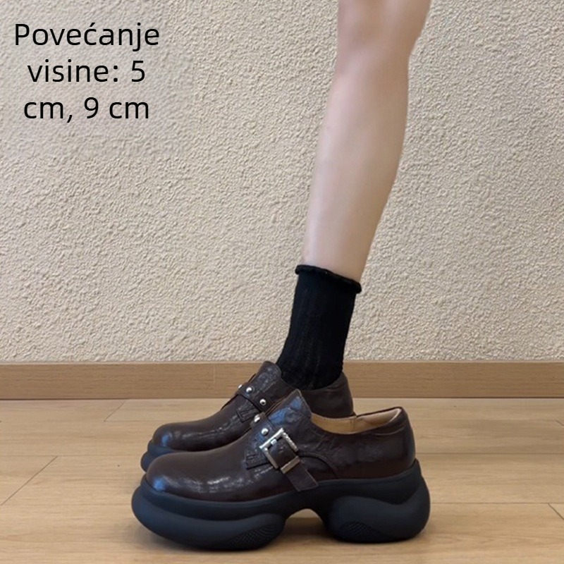 Ženski loaferi s debelim potplatom za povećanje visine, britanski stil, gornji dio od dvostruke kože, podstava od ovčje kože, gumeni potplat