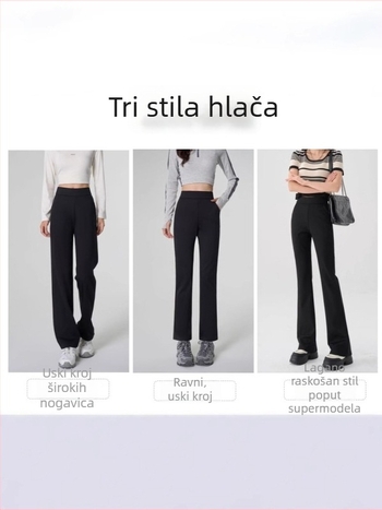 Crne hlače s visokim strukom, širokih nogavica, elastične za žene