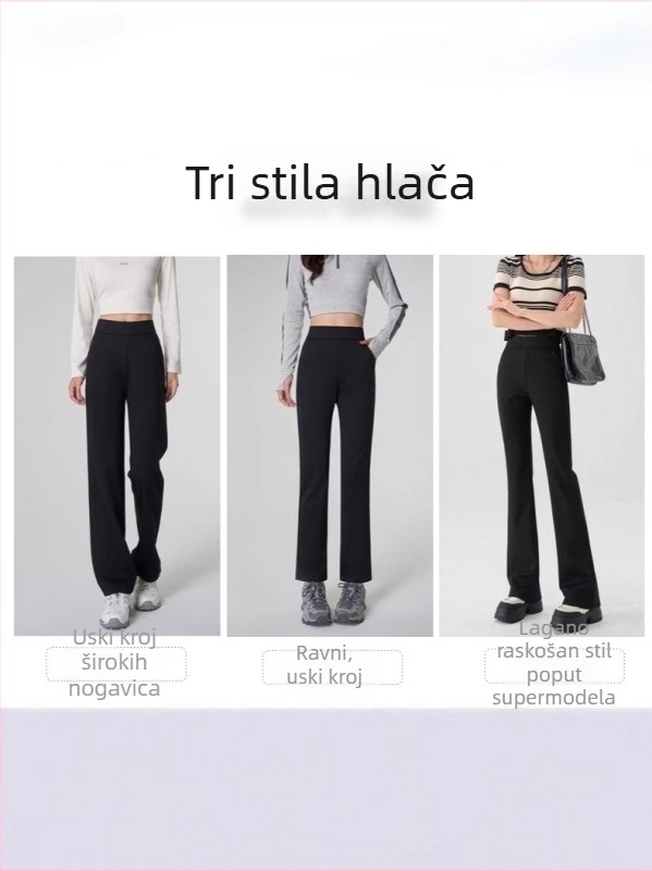 Crne hlače s visokim strukom, širokih nogavica, elastične za žene