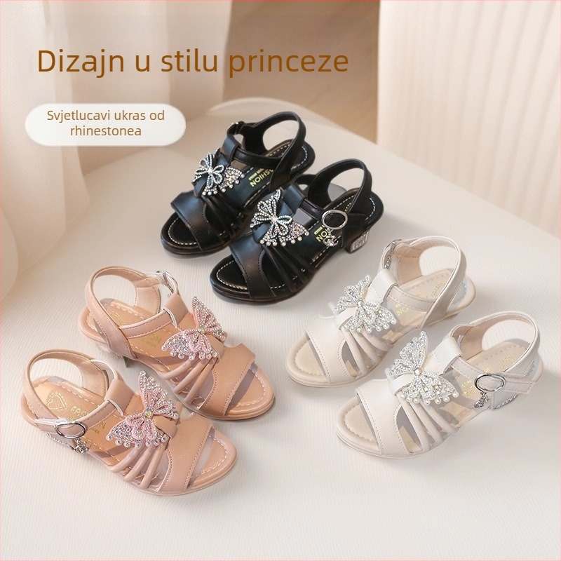 Dječje sandale s rhinestones u obliku leptira, prorezani dizajn, ljeto 2026