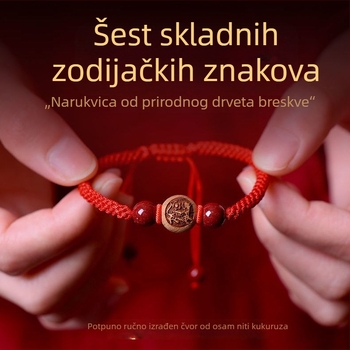 Unisex narukvica od drveta breskve, crveni konac i dvanaest znakova zodijaka