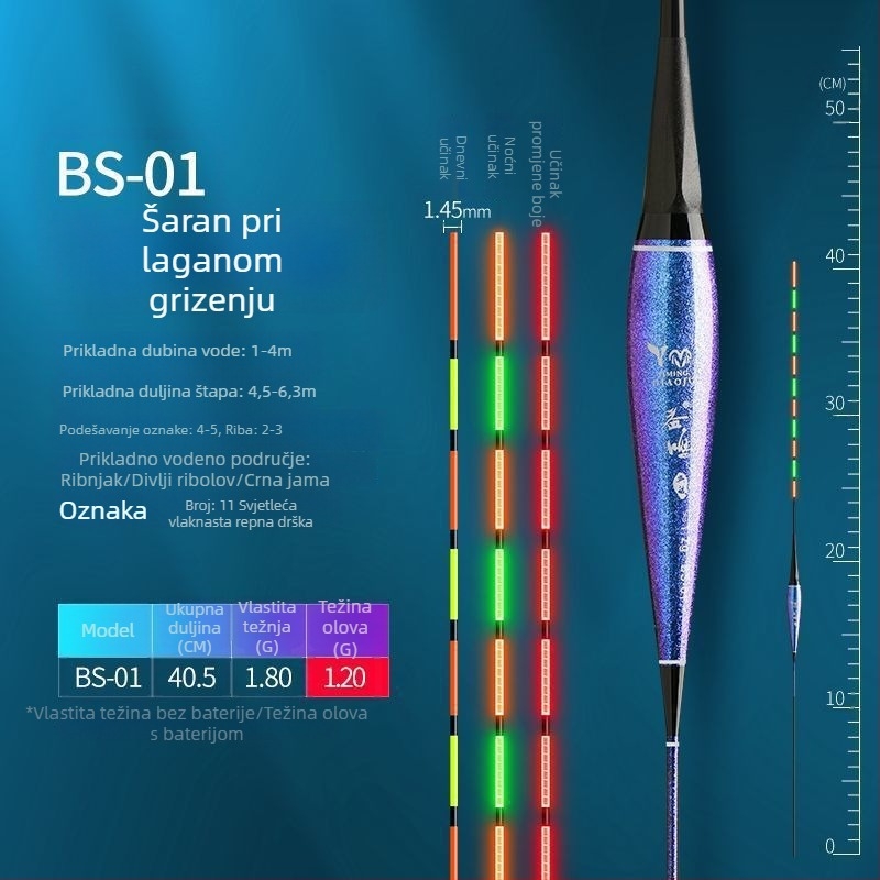 Plovak za ribolov s promjenjivom bojom i noćnim svjetlom, tijelo nalik kameleon, visokosenzitivni elektronički plovak, senzor gravitacije, dnevno/noćna uporaba