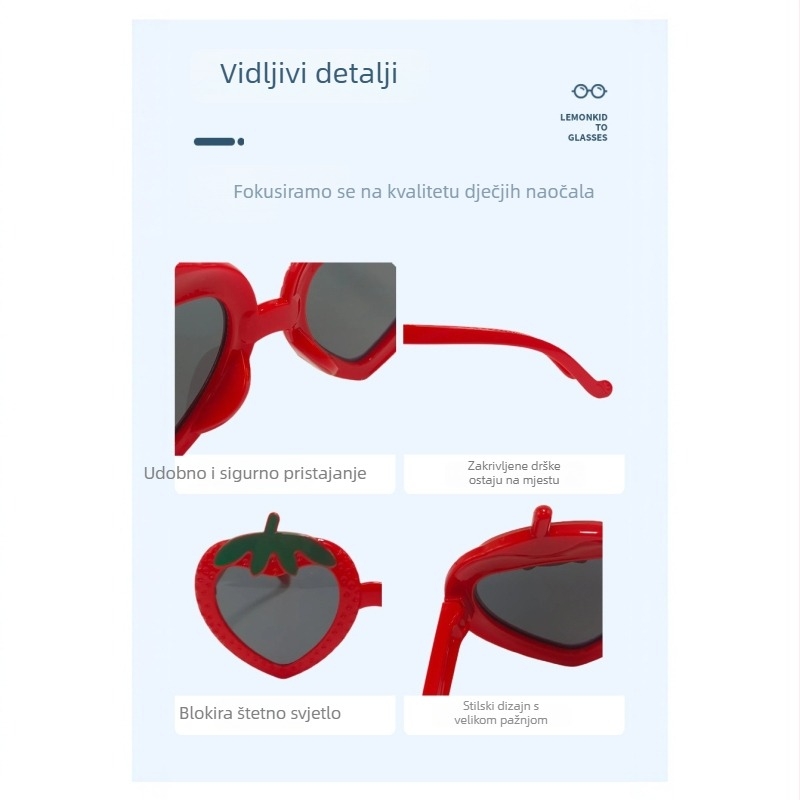 Dječje sunčane naočale za djevojčice, karikatura stil, UV380 zaštita, polarizirane leće, okrugli okvir, motiv jagode, model 2025