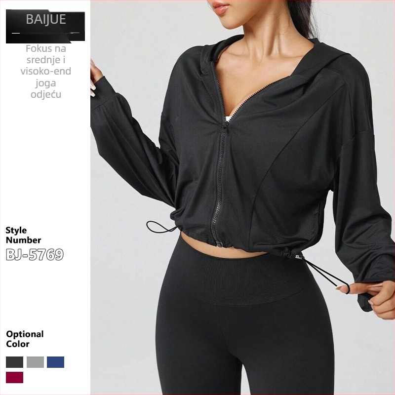 Kratka sportska jakna s kapuljom i cijelim zatvaračem, podesivim donjim rubom i šnimom za podešavanje – za trening i udobnu jogu