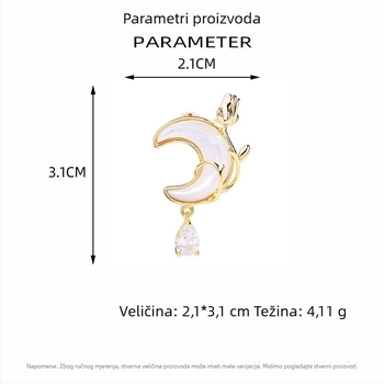 Mala broš s ružnim mjesecom i prirodnom školjkom, bakar s cirkonima, elegantan dodatak.