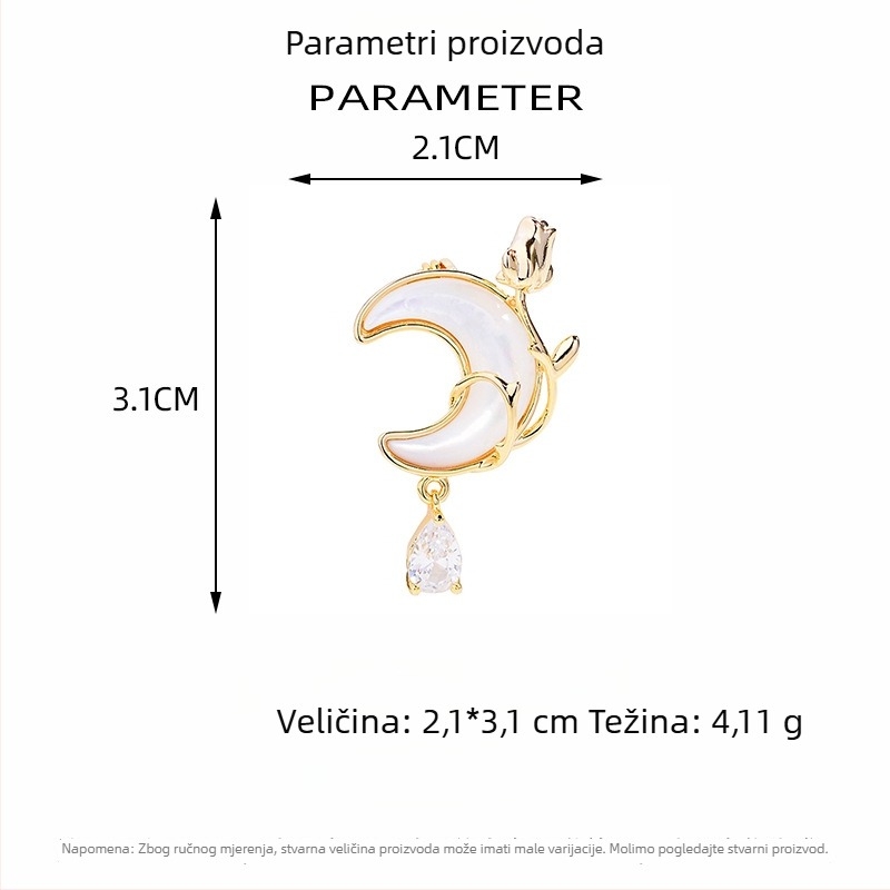 Mala broš s ružnim mjesecom i prirodnom školjkom, bakar s cirkonima, elegantan dodatak.