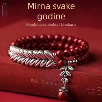 Prirodni cinnabar narukvica u kineskom stilu, unisex, s posrebrenim motivom pšenice