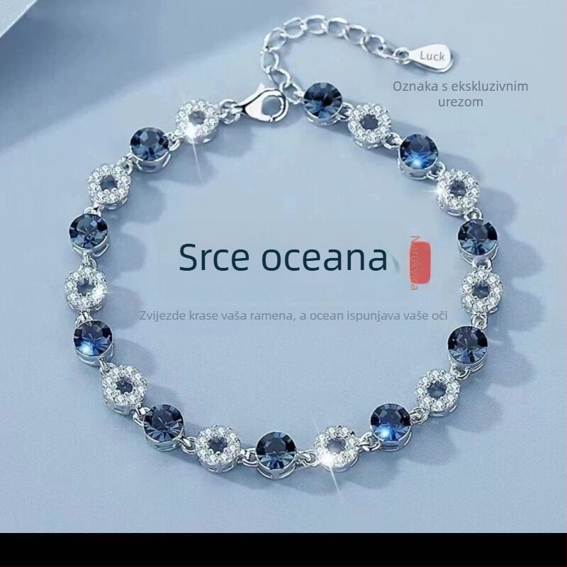 Autentična srebrna narukvica 999 za žene s kristalnim Srcem oceana, platinasti završetak, cirkon
