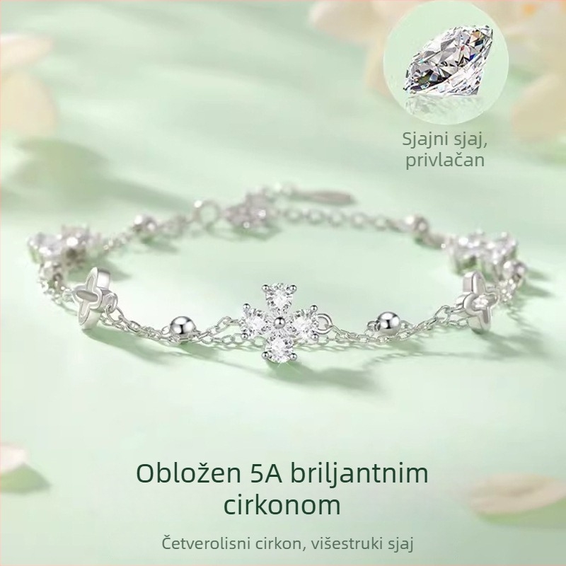 Narukvica od srebra 925 sa četverolistom za žene, jedinstven dizajn, dvostruki sloj, luksuzan dar njjoj