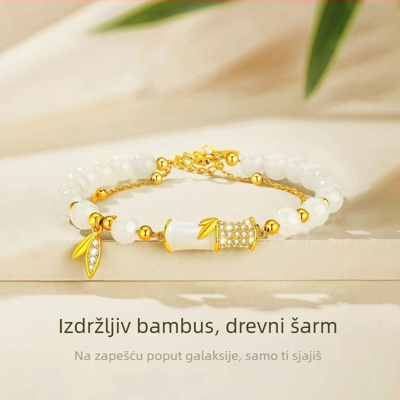 Ženski narukvica s pozlaćivanjem, srebro S925, bambus čvor i Hetian jade, dizajn lišća bambusa
