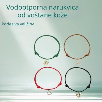 Jednostavna vodootporna narukvica od voskane kože, podesiva, s privjeskom u obliku srca i četverolisne djeteline, unisex