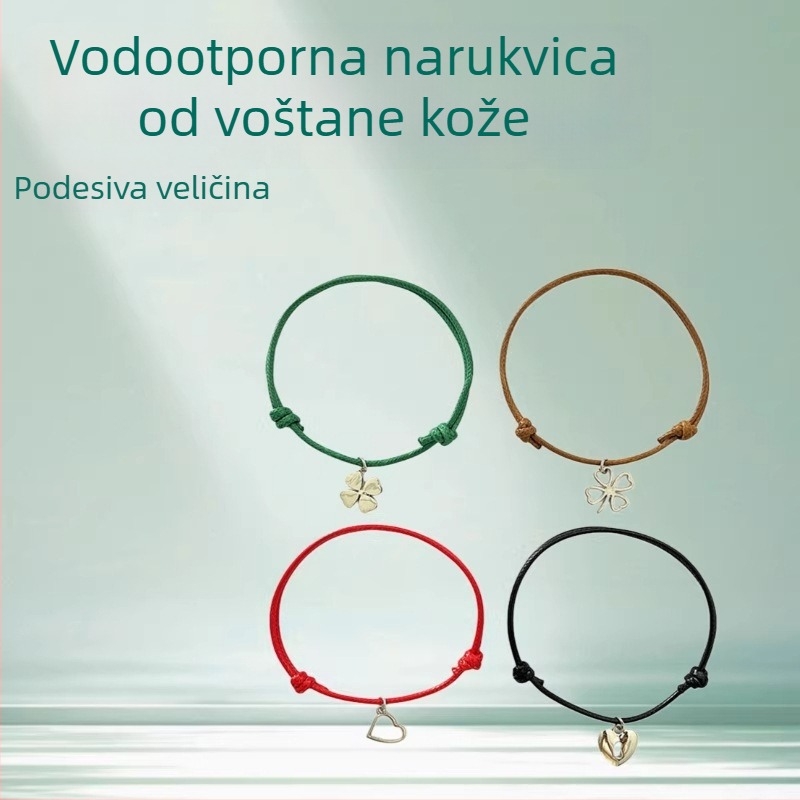 Jednostavna vodootporna narukvica od voskane kože, podesiva, s privjeskom u obliku srca i četverolisne djeteline, unisex