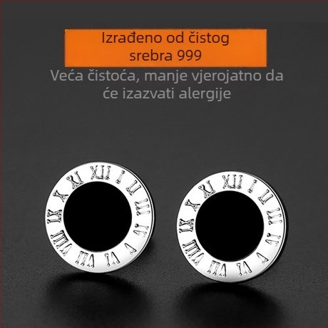 S999 čisto srebro, crne rimske brojke, kružne naušnice, minimalistički unisex stil