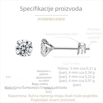 Naušnice od srebra 925 sa cirkonima, četverozubni držač, jedan dijamant, korejski stil