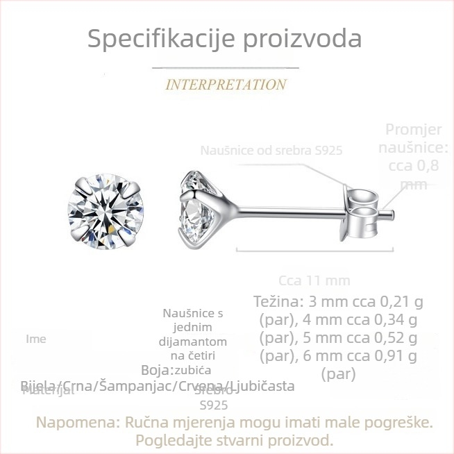 Naušnice od srebra 925 sa cirkonima, četverozubni držač, jedan dijamant, korejski stil