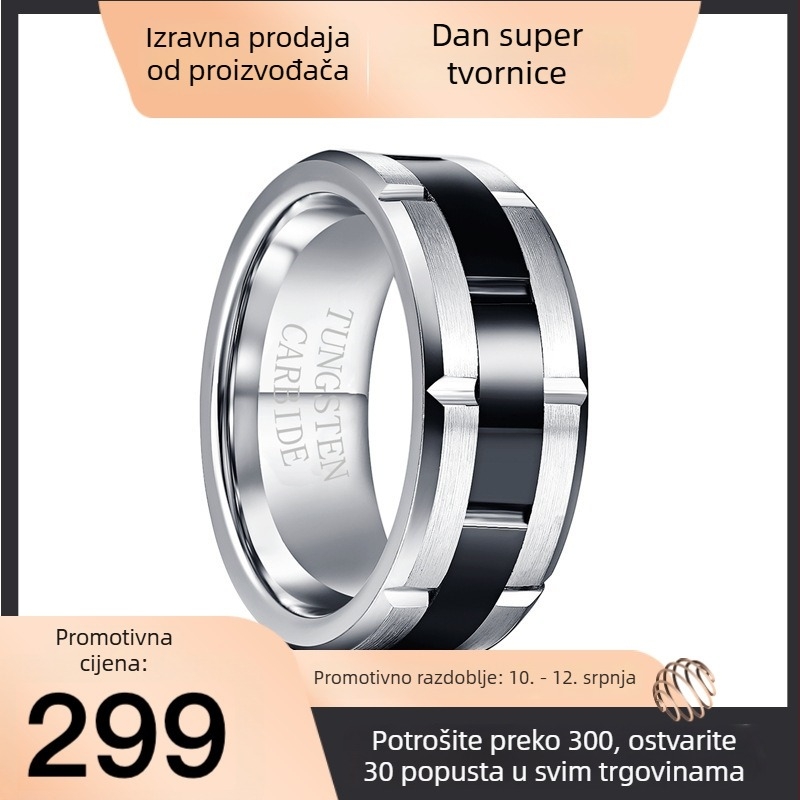 Muški prsten od volframskog karbida, širina 8 mm, crni sjaj i mat završetak, geometrijski dizajn, veličine 7–12