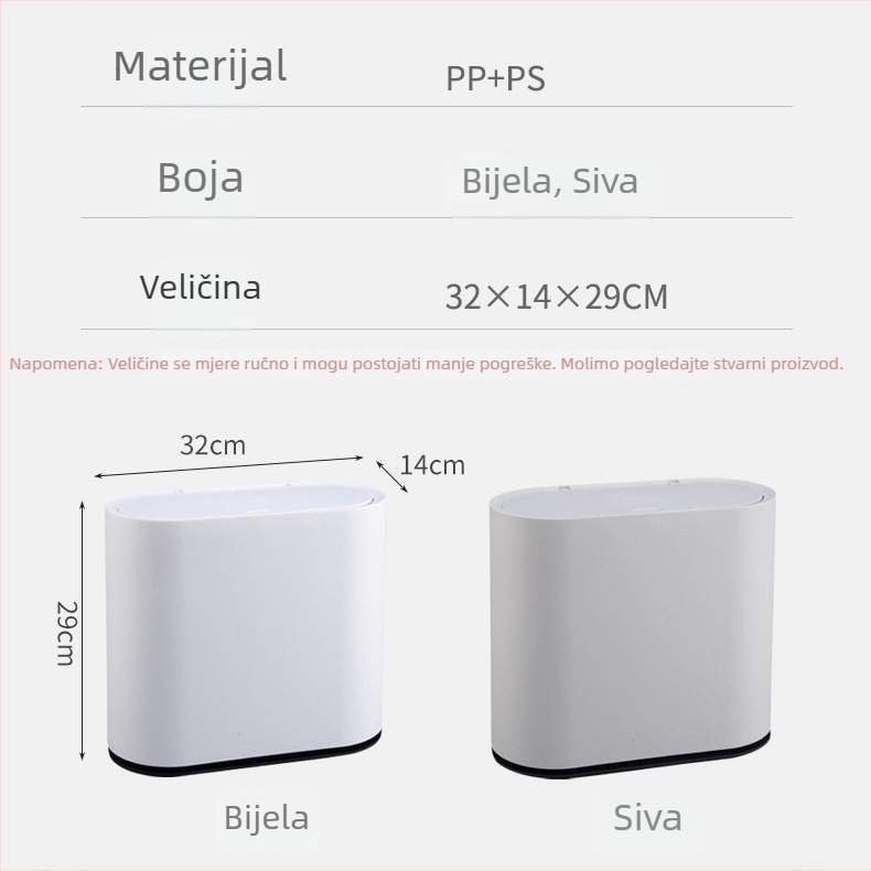 Plastična kanta za otpad od 10 L s poklopcem koji se otvara pritiskom, ovalnog oblika, za kupaonicu, kuhinju, dnevni boravak i ured