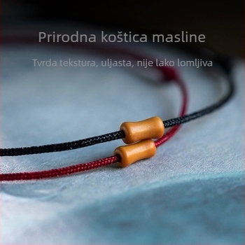 Ručno izrađena drvena narukvica s maslinovim jezgrom, podesivi crveni konac, minimalistički geometrijski dizajn, unisex
