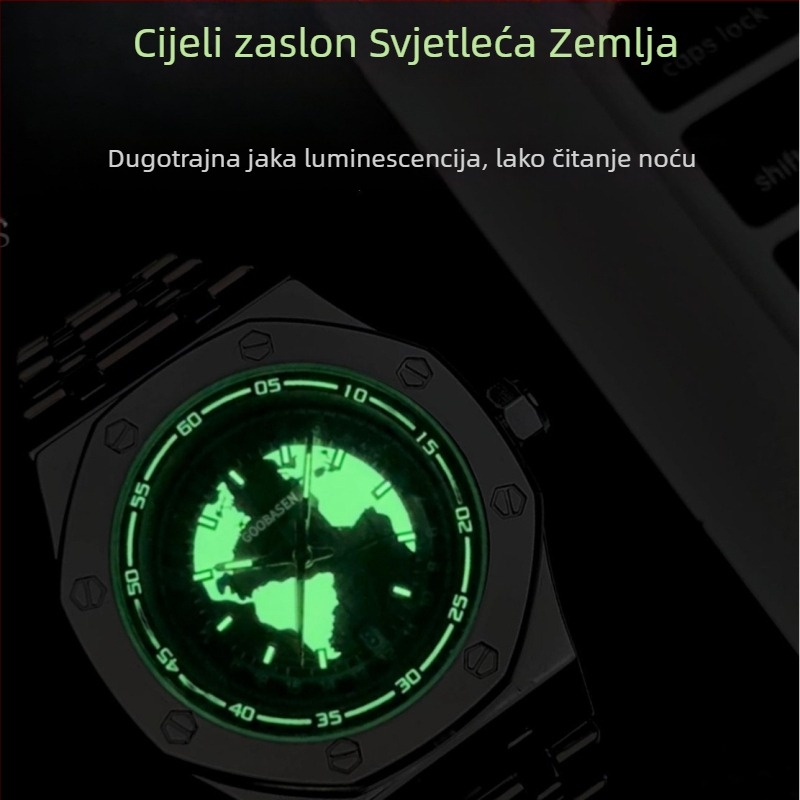 Guberson muški kvarcni sat, vodootporan do 30 m, lumino kalendar, romboidni brojčanik, promjer kućišta 42 mm, model A98, leptir kopča, kućište i remen od legure, mineralo pojačano staklo