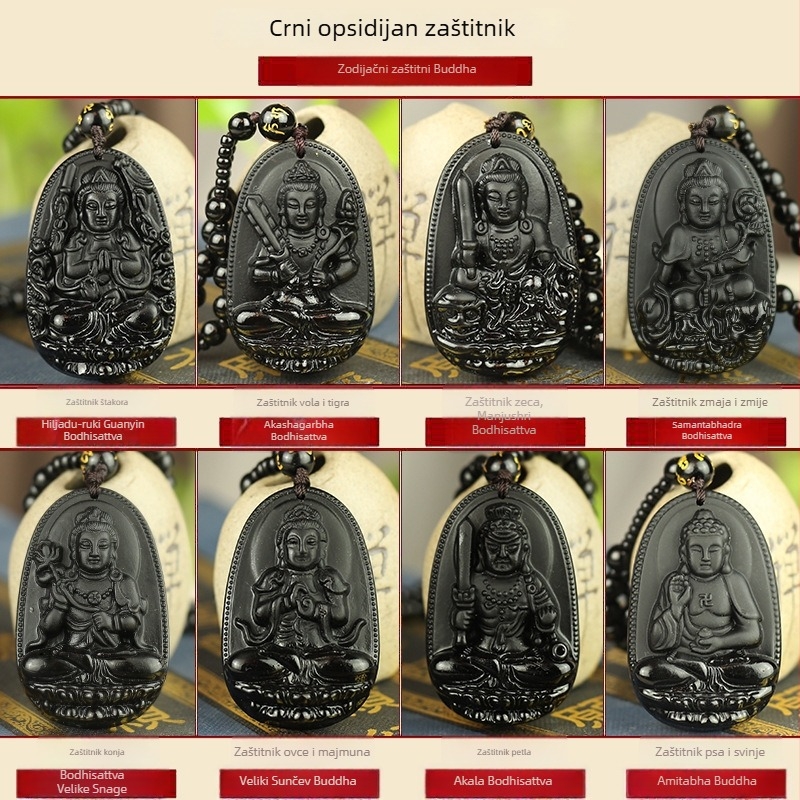Crni obsidijan privjesak s kineskim zodijakom i statuom Buddhe, osam zaštitnika — muški i ženski nakit