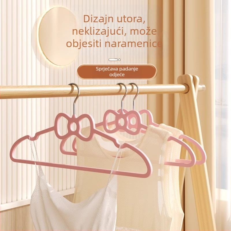 Ružičasti plastični vješak za odjeću u obliku srca s mašnicom - protuklizan, pogodan za košulje, hlače i kravate