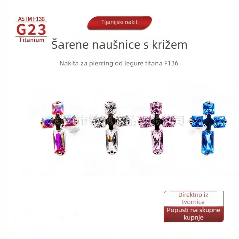 F136 titanova legura, višebojni križ s unutarnjim navojem – naušnica za uho