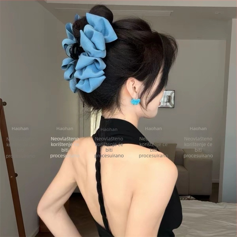 13 cm velika denim bubble klipsa za kosu s plisiranim dizajnom, ljetni sladko-pikantan stil