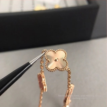 Narukvica s četverolisnom djetelinom i prirodnim karneolom, otporna na izbljeđivanje, V-zlatni premaz, laserski detalji, debeli premaz 18K ružičastog zlata, unisex nakit