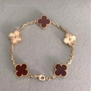 Narukvica s četverolisnom djetelinom i prirodnim karneolom, otporna na izbljeđivanje, V-zlatni premaz, laserski detalji, debeli premaz 18K ružičastog zlata, unisex nakit