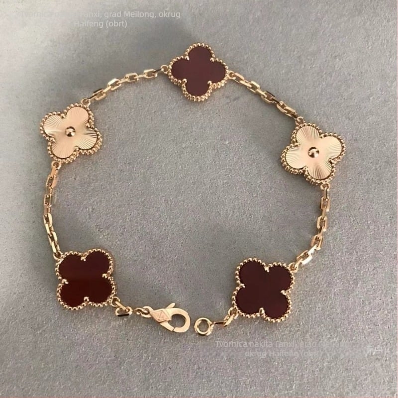 Narukvica s četverolisnom djetelinom i prirodnim karneolom, otporna na izbljeđivanje, V-zlatni premaz, laserski detalji, debeli premaz 18K ružičastog zlata, unisex nakit