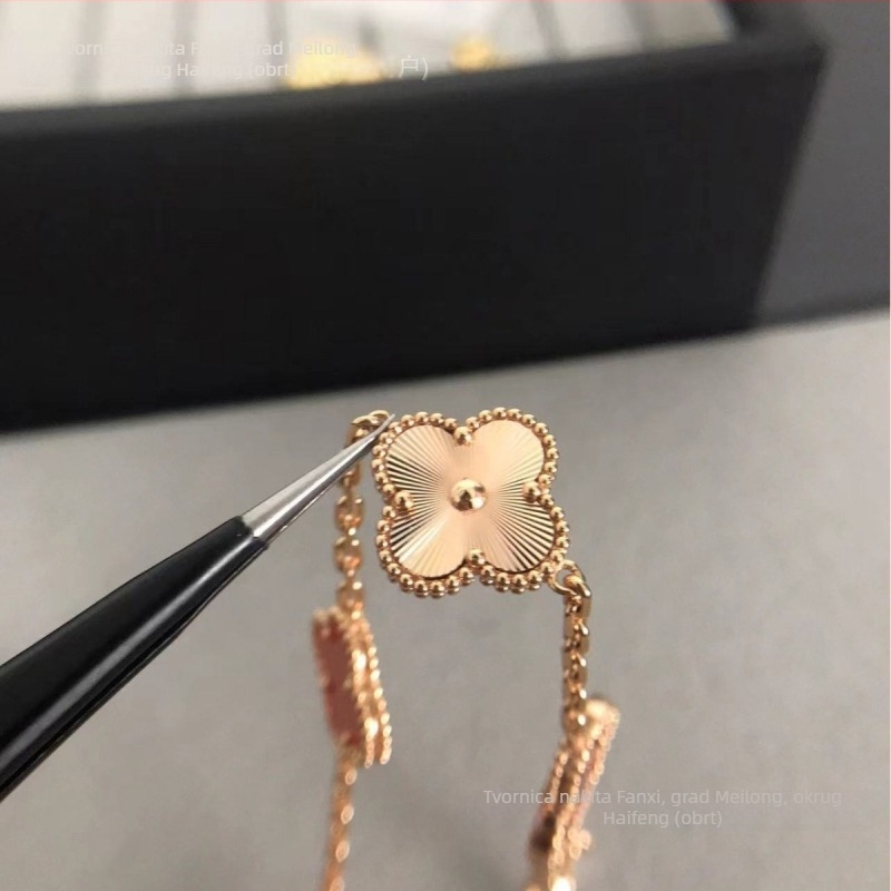 Narukvica s četverolisnom djetelinom i prirodnim karneolom, otporna na izbljeđivanje, V-zlatni premaz, laserski detalji, debeli premaz 18K ružičastog zlata, unisex nakit