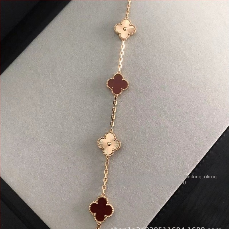 Narukvica s četverolisnom djetelinom i prirodnim karneolom, otporna na izbljeđivanje, V-zlatni premaz, laserski detalji, debeli premaz 18K ružičastog zlata, unisex nakit