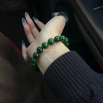 Prirodni Hetianski jadeitni narukvica s okruglim perlama, špinatno zelena jadeit, kolekcionarska klasa