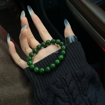 Prirodni Hetianski jadeitni narukvica s okruglim perlama, špinatno zelena jadeit, kolekcionarska klasa