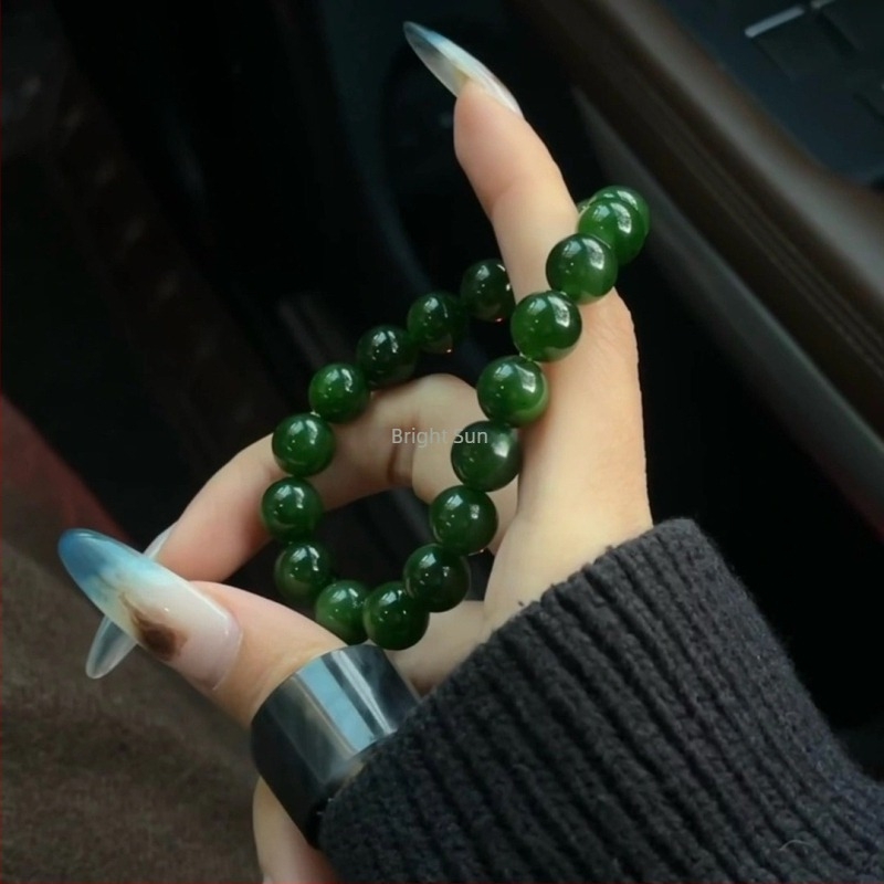 Prirodni Hetianski jadeitni narukvica s okruglim perlama, špinatno zelena jadeit, kolekcionarska klasa