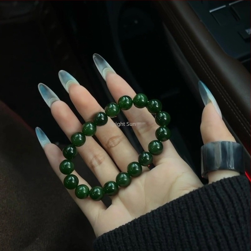 Prirodni Hetianski jadeitni narukvica s okruglim perlama, špinatno zelena jadeit, kolekcionarska klasa