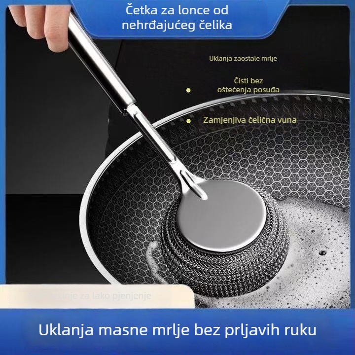 Četka za posude s dugim držalom i čeličnom žicom kuglicom za čišćenje
